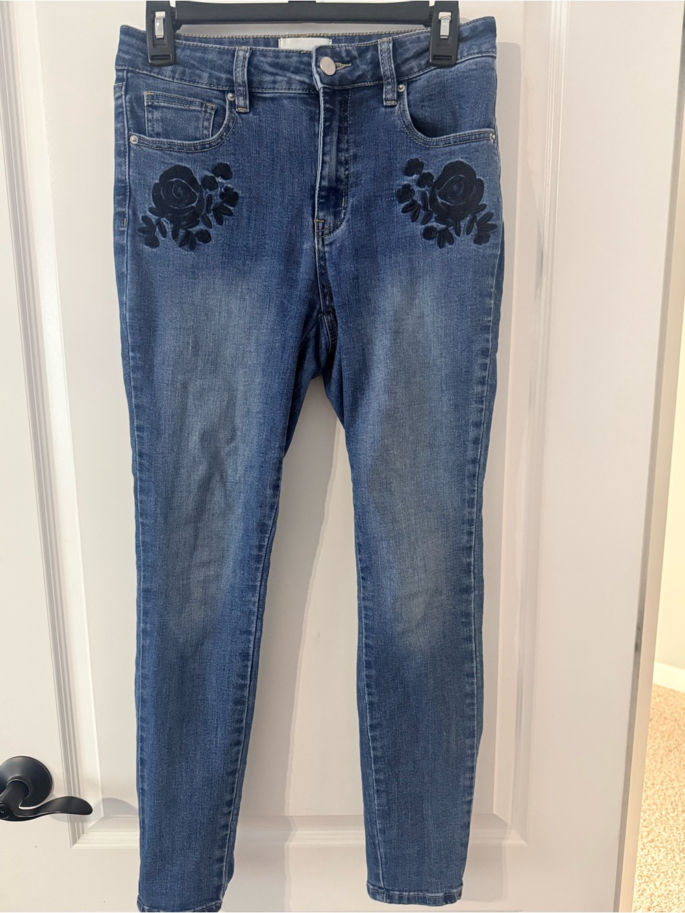 Women's Dark Blue Skinny Jeans with Black Floral Detail